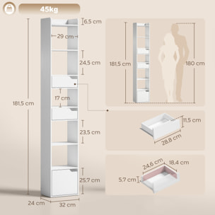 Estantería para Libros con 2 Cajones y Puerta, Librería Estrecha con 6 Estantes Abiertos, Armario Alto para Salón, Estudio, Oficina, 32x24x181,5 cm, Blanco