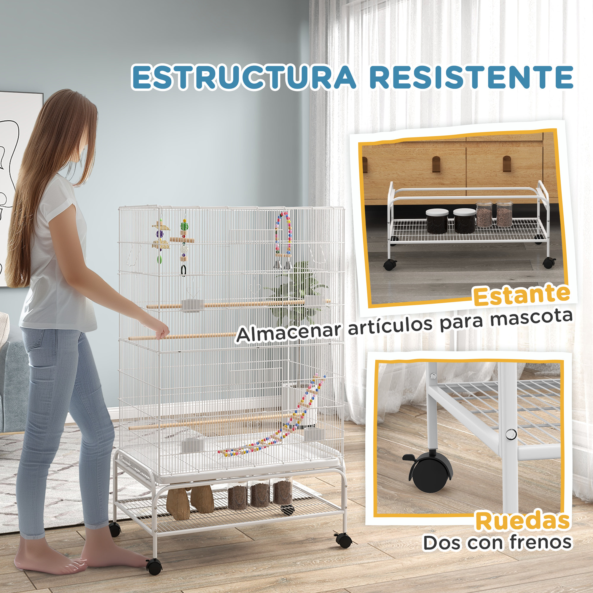 Jaula para Pájaros con Ruedas Jaula Grande con Soporte Pajarera con Bandeja Extraíble Puertas Comederos Perchas Juguetes y Estante Inferior para Canarios Periquitos 79x49x133 cm Blanco