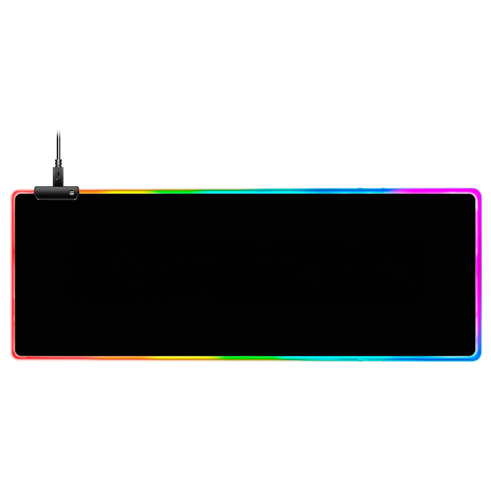 Alfombrilla gaming XXL con iluminación RGB, superficie antideslizante y conexión USB, ideal para teclado y ratón.
