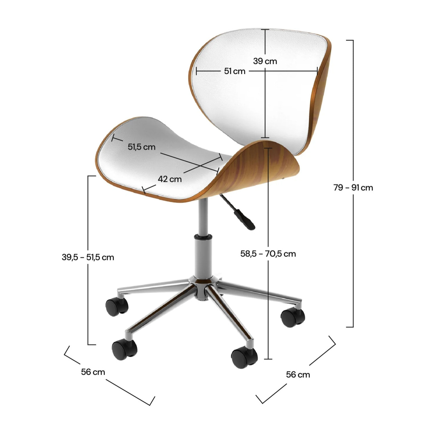 Chaise de bureau pivotante en cuir synthétique blanc 79-91cm - Baudoin