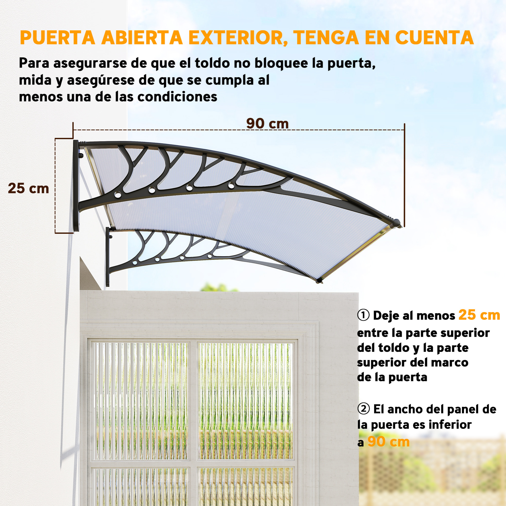 Marquesinas Exterior para Puertas y Ventanas, 150x90 cm, Tejadillo de Protección contra Sol y Lluvia, con Cubierta de Policarbonato, Soporte de Aleación de Aluminio, Blanco
