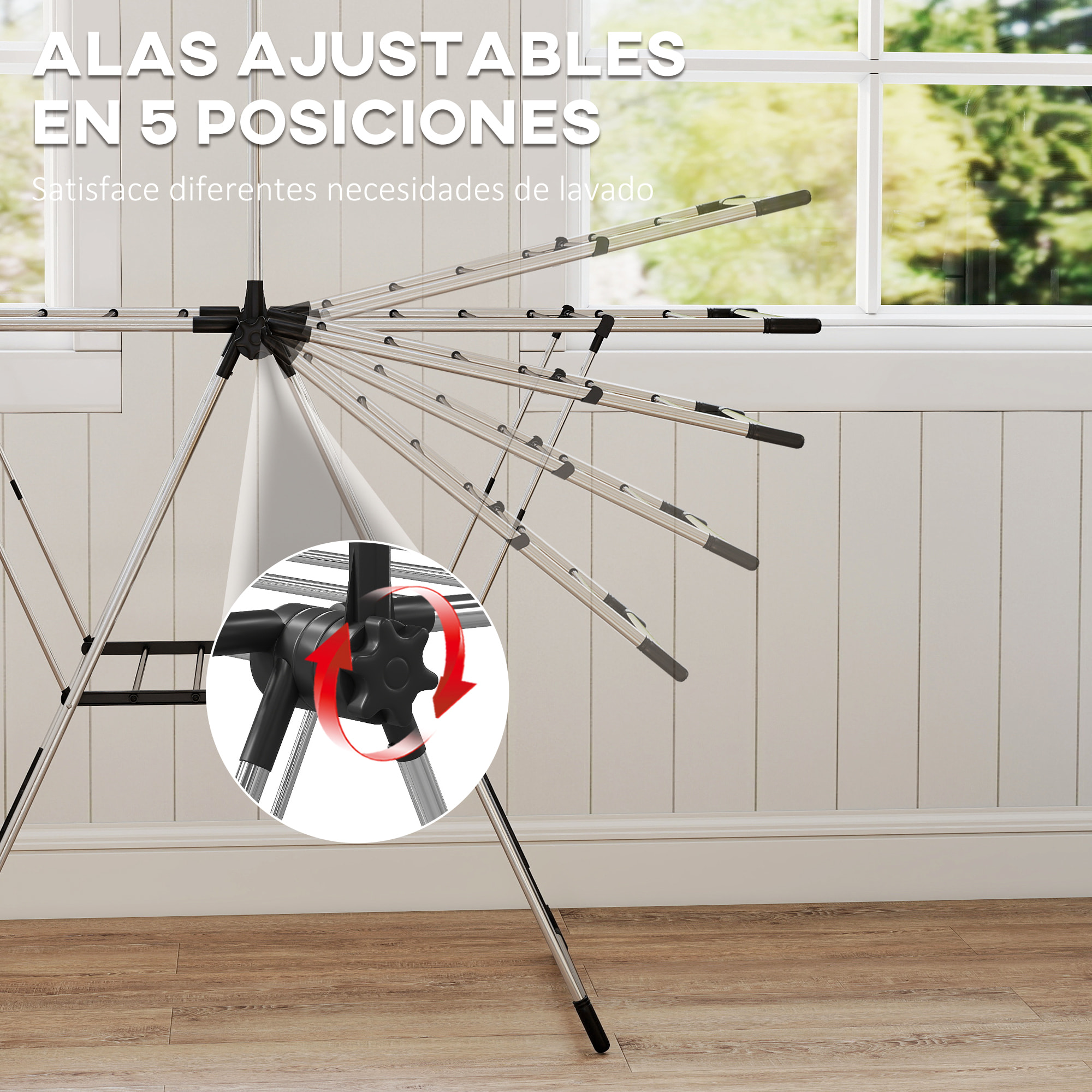 Tendedero Vertical Plegable, Tendedero de Ropa con Alas Ajustables en 5 Niveles, 4 Soportes para Calzado, Barra y Estante, Marco de Acero Inoxidable, para Interior y Exterior, Plata