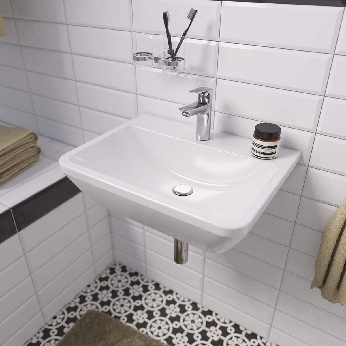Integra 55x45x19 cm lavabo suspendu en céramique, trou pour robinetterie au milieu, avec trop-plein, blanc (7049-003-0001)