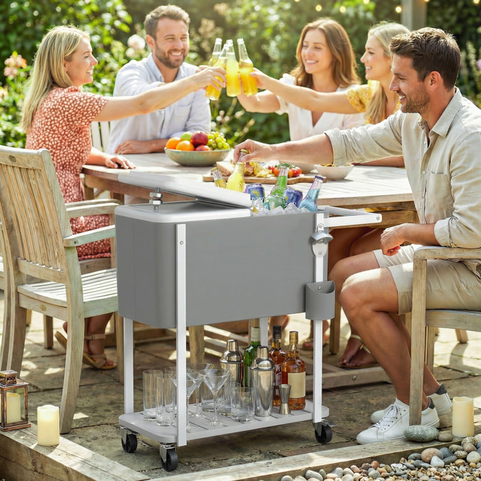 Carrito Nevera de 56L con Ruedas, Carro de Bebidas con Estante, Abrebotellas, Recogetapas, Drenaje y Asa, Mesa Nevera Jardín Exterior para Patio, Fiesta, BBQ, 84x38x83 cm, Gris