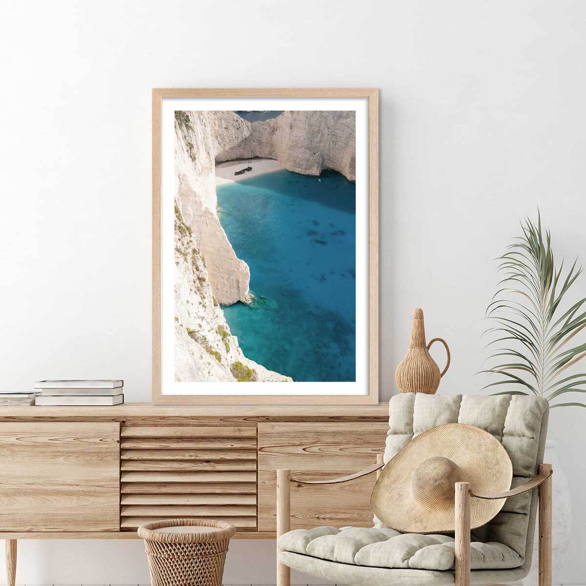 Poster plage du zante les cyclades Affiche + cadre en bois - Chêne