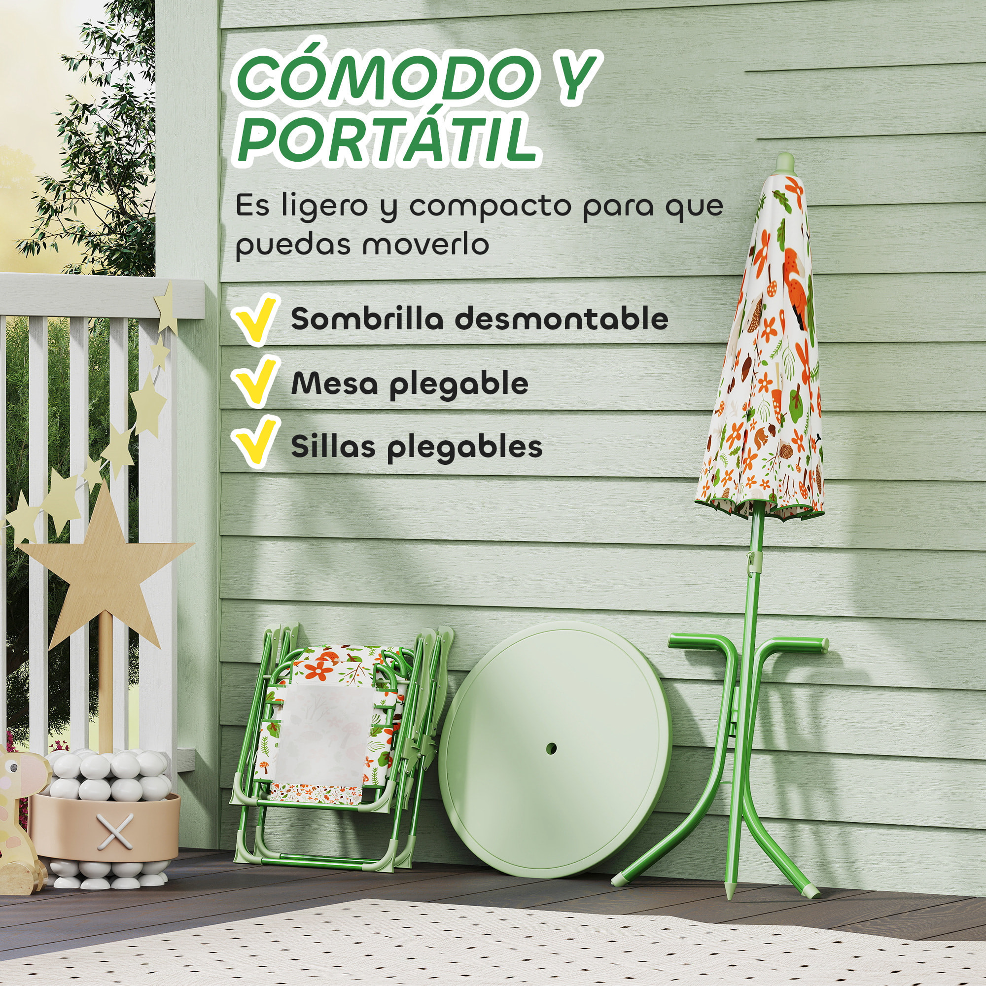 Conjunto de Mesa y Sillas Infantil de Jardín de 4 Piezas Mesa Infantil con Sillas Plegables Sombrilla Ajustable Diseño de Zorro para Patio Pícnic Verde