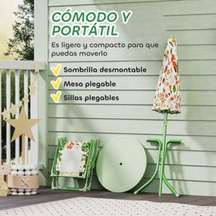 Conjunto de Mesa y Sillas Infantil de Jardín de 4 Piezas Mesa Infantil con Sillas Plegables Sombrilla Ajustable Diseño de Zorro para Patio Pícnic Verde