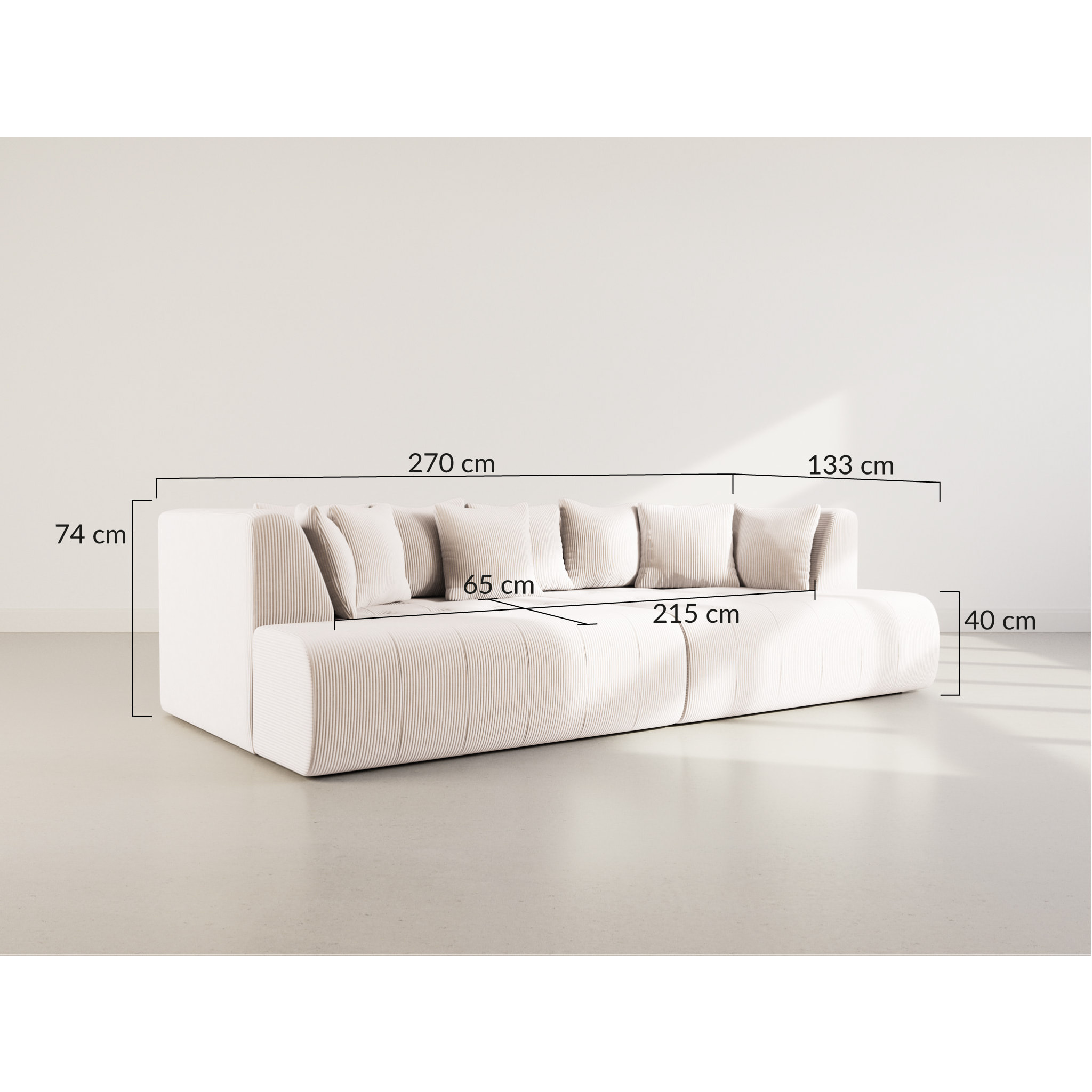 Onyx - canapé droit 4 places avec double méridienne - assise profonde - en velours côtelé - Beige