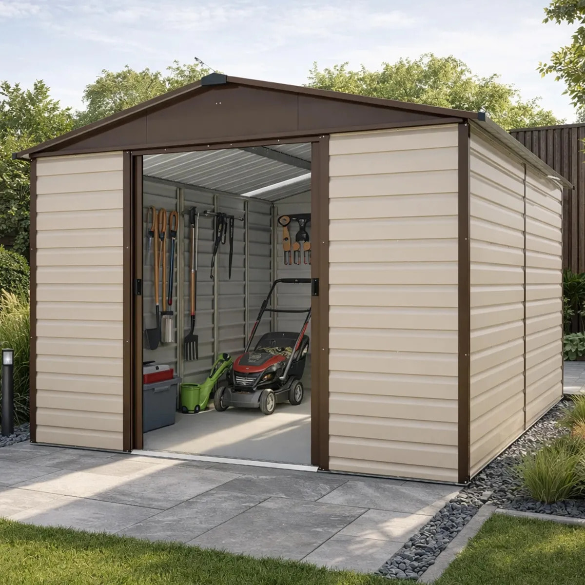 Abri de jardin métal Yardmaster 10,46 m² + kit d'ancrage