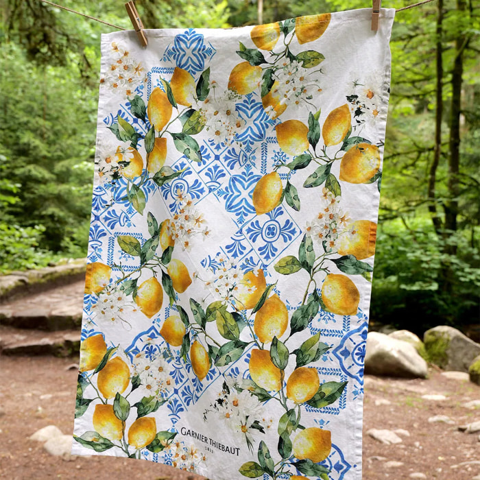 Torchon lin & coton lavé 190 g/m² imprimé bleu jaune Citrons azulejos bleu