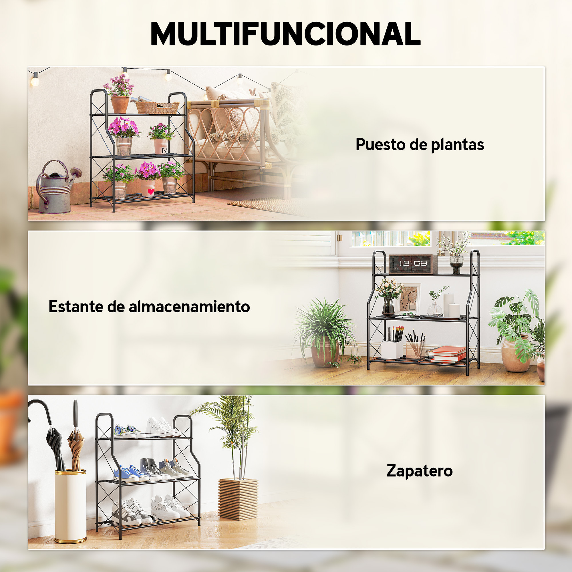 Soporte para Plantas de 3 Niveles para Interior y Exterior, Estantería para Plantas de Metal con Patas Ajustables y Asas, Resistente y Estable, para Macetas, Patio, Jardín, Balcón, Negro