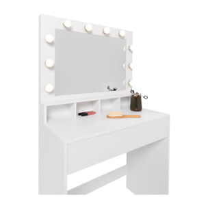 Coiffeuse Zita blanche avec miroir LED, niches, 1 tiroir et tabouret