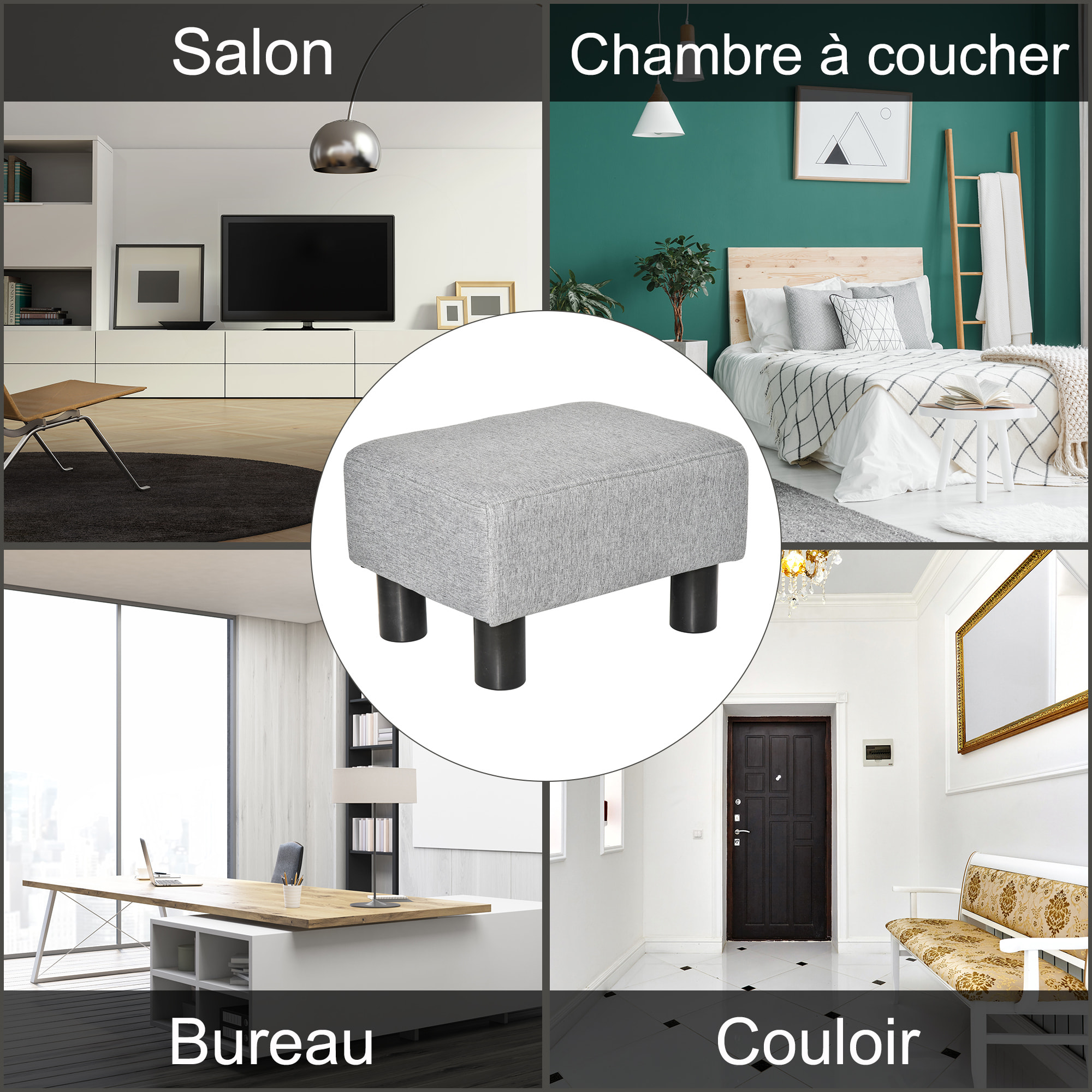 Repose-pied pouf tabouret style contemporain max. 150 Kg tissu gris clair chiné