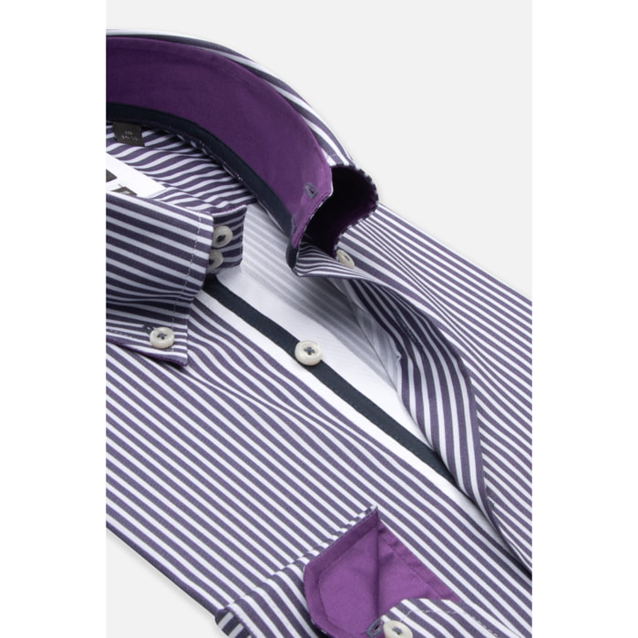 Camicia Uomo 2 Bottoni Button Down Slim Popeline Stretch Riga Media bianco e viola melanzana