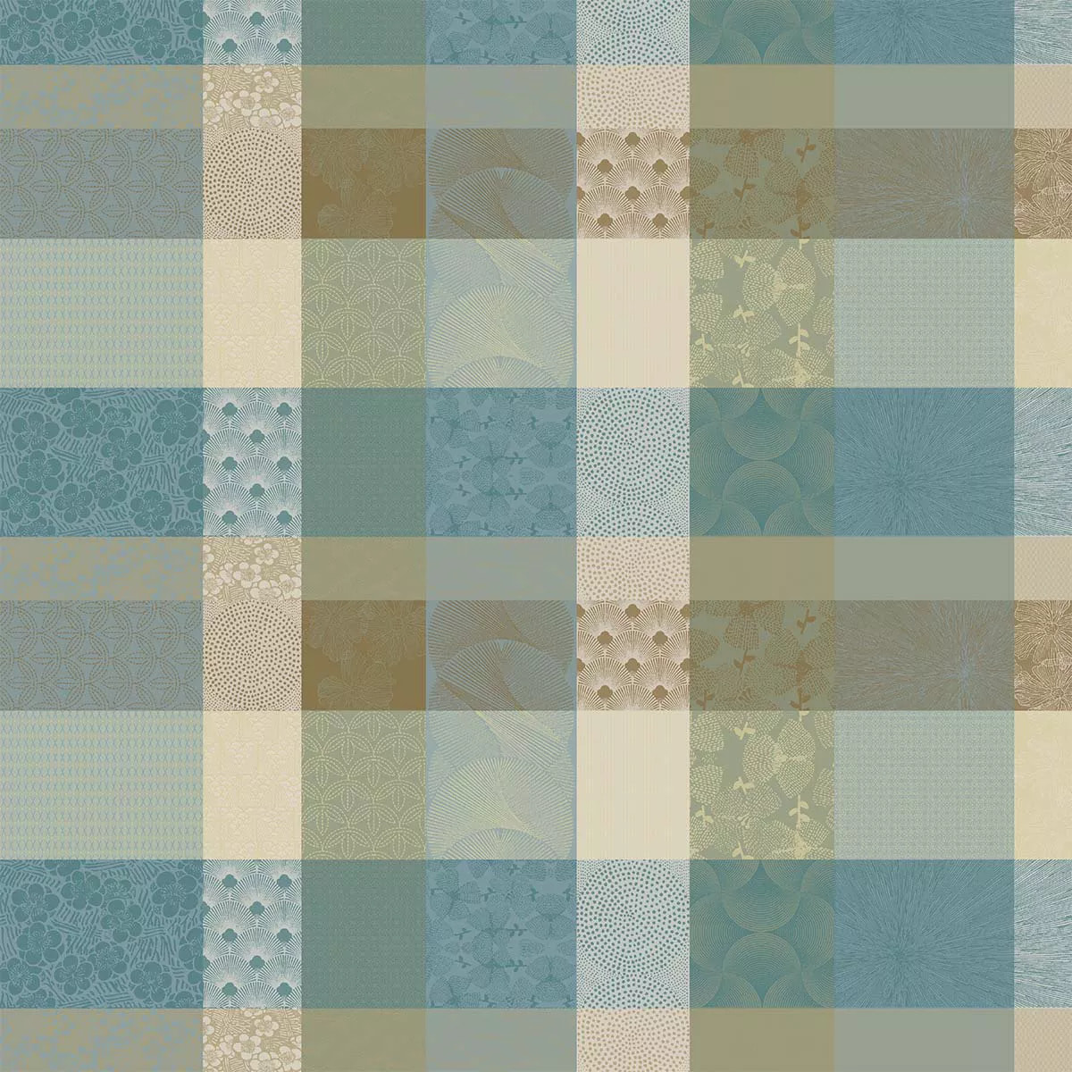 Nappe pur coton enduit motif jacquard bleu beige Mille zen ecume