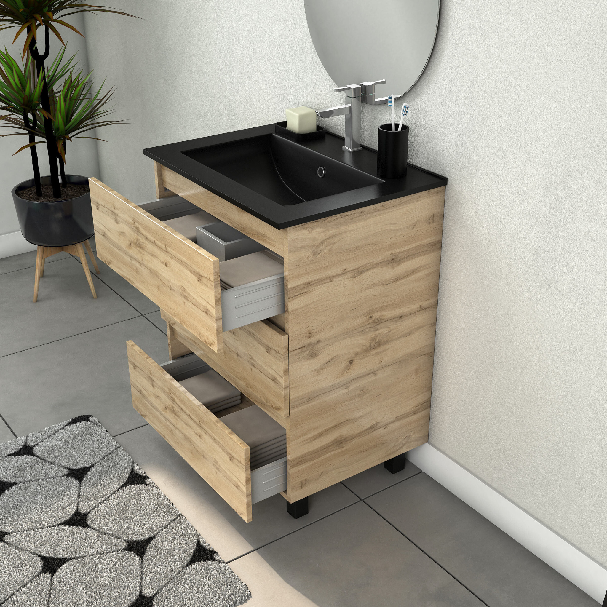 Meuble Salle de Bains 60cm 3 Tiroirs Chêne Naturel + Vasque Noire et Miroir Ovale