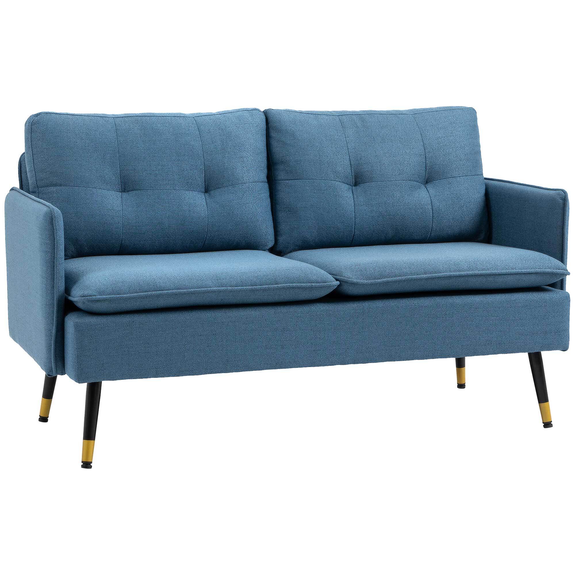 Sofá de 2 Plazas Tapizado en Lino Sofá de Salón con Cojines Reposabrazos y Patas de Acero para Dormitorio Oficina Carga 240 kg 139x68x80 cm Azul