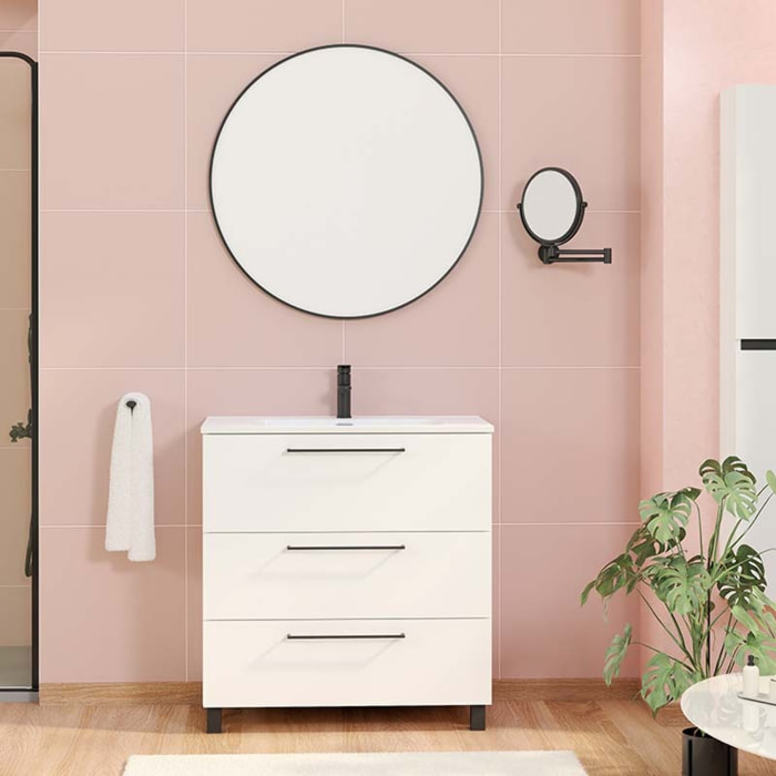 Conjunto de baño Haru | Mueble de baño con patas | 80 cm Blanco| Tres cajones | Lavabo encastrado | No incluye espejo | Alday