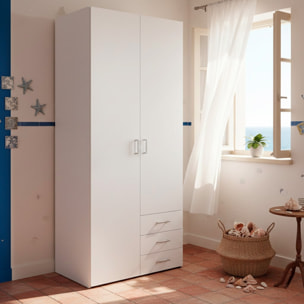 Armadio Con 2 Ante e 3 Cassetti Armadietto Multiuso Design Moderno Salvaspazio Vano Con Barra Appendiabiti E Ripiani 77.6 x 49.5 x 200.4 Cm Bianco