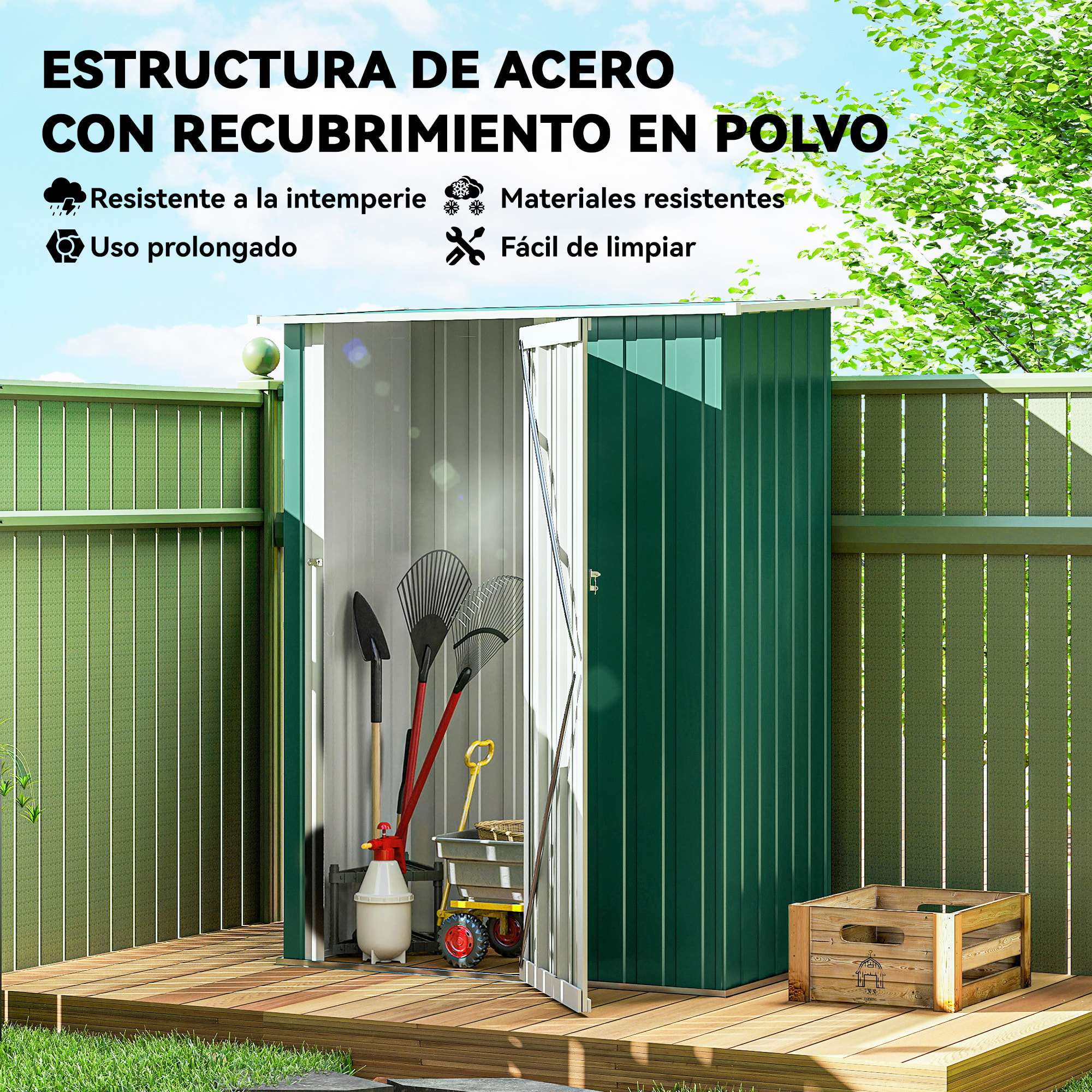 Caseta de Jardín 1,07 m² 142x86x189 cm Cobertizo Exterior Metálico con Puerta Cerradura y Orificios de Drenaje para Almacenamiento de Herramientas Verde