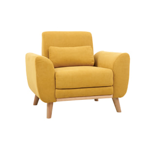 Fauteuil scandinave en tissu effet velours jaune moutarde et bois clair  EKTOR