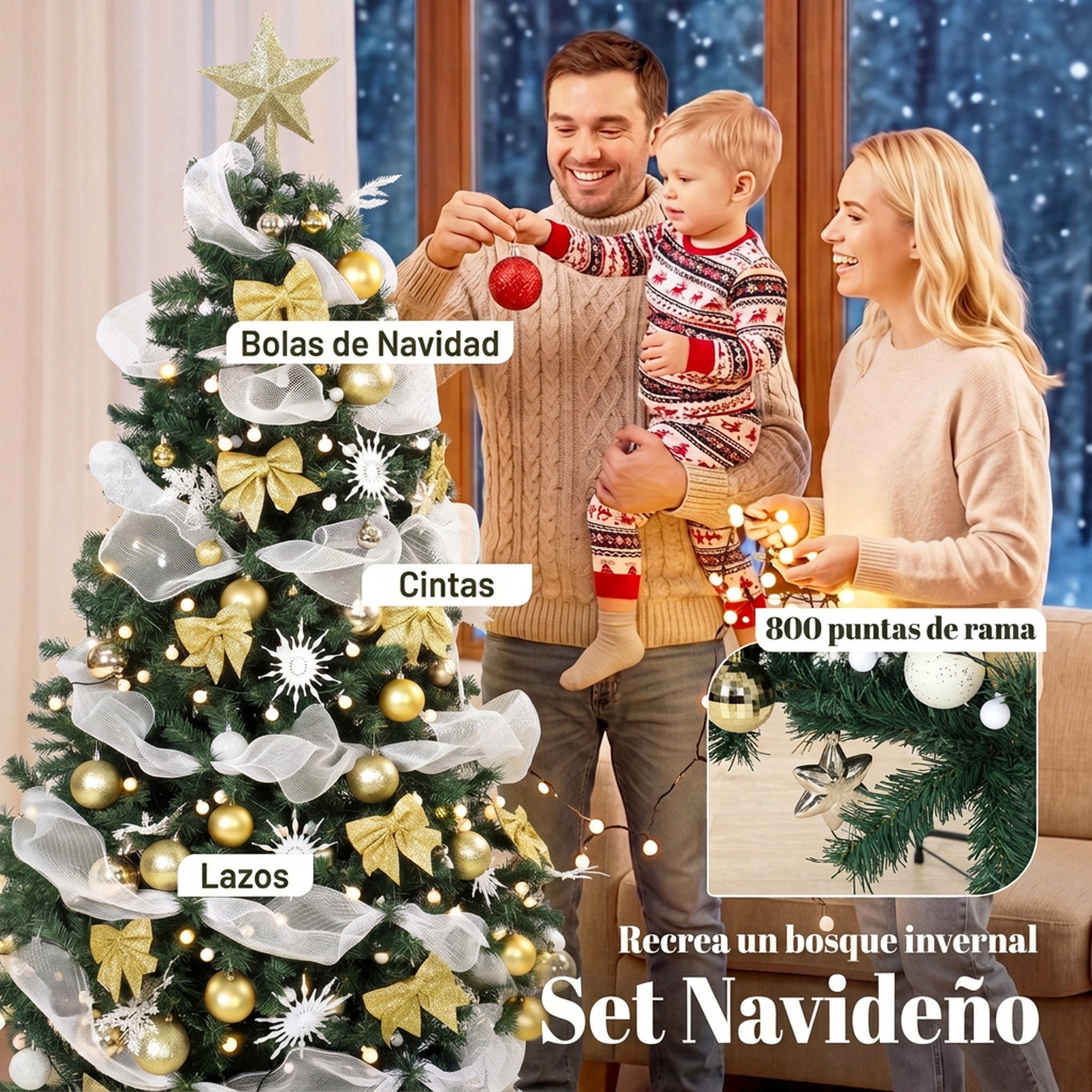 HOMCOM Árbol de Navidad con 200 LED Blanco Cálido, 180 cm, Árbol de Navidad Predecorado, 800 Ramas, 8 Modos, Bolas, Cintas y Lazos, Mando a Distancia, Base Metálica Plegable, Funciona con USB, Verde