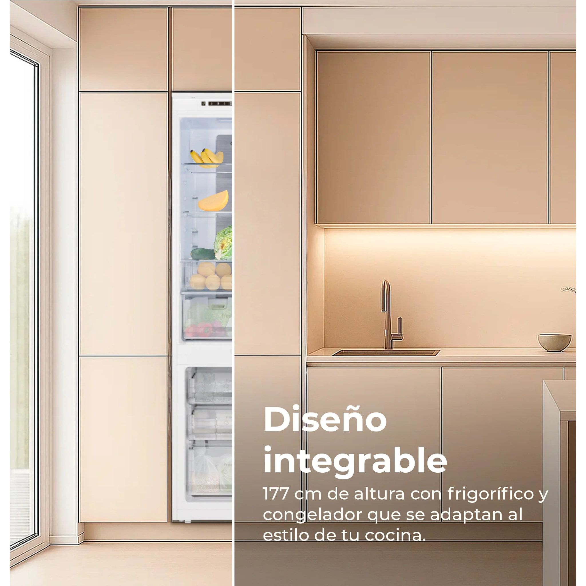 EVVO Frigorífico combi integrable Fi62, 151L+67L, No Frost, Chiller Zone, ECO, Vacaciones, congelación rápida, silencioso.