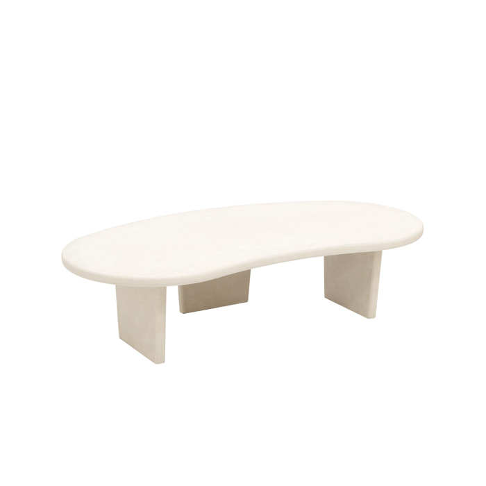 Table basse en microciment aux formes organiques avec trois pieds de teinte blanc cassé de 120cm Hauteur: 30 Longueur: 120 Largeur: 59.4