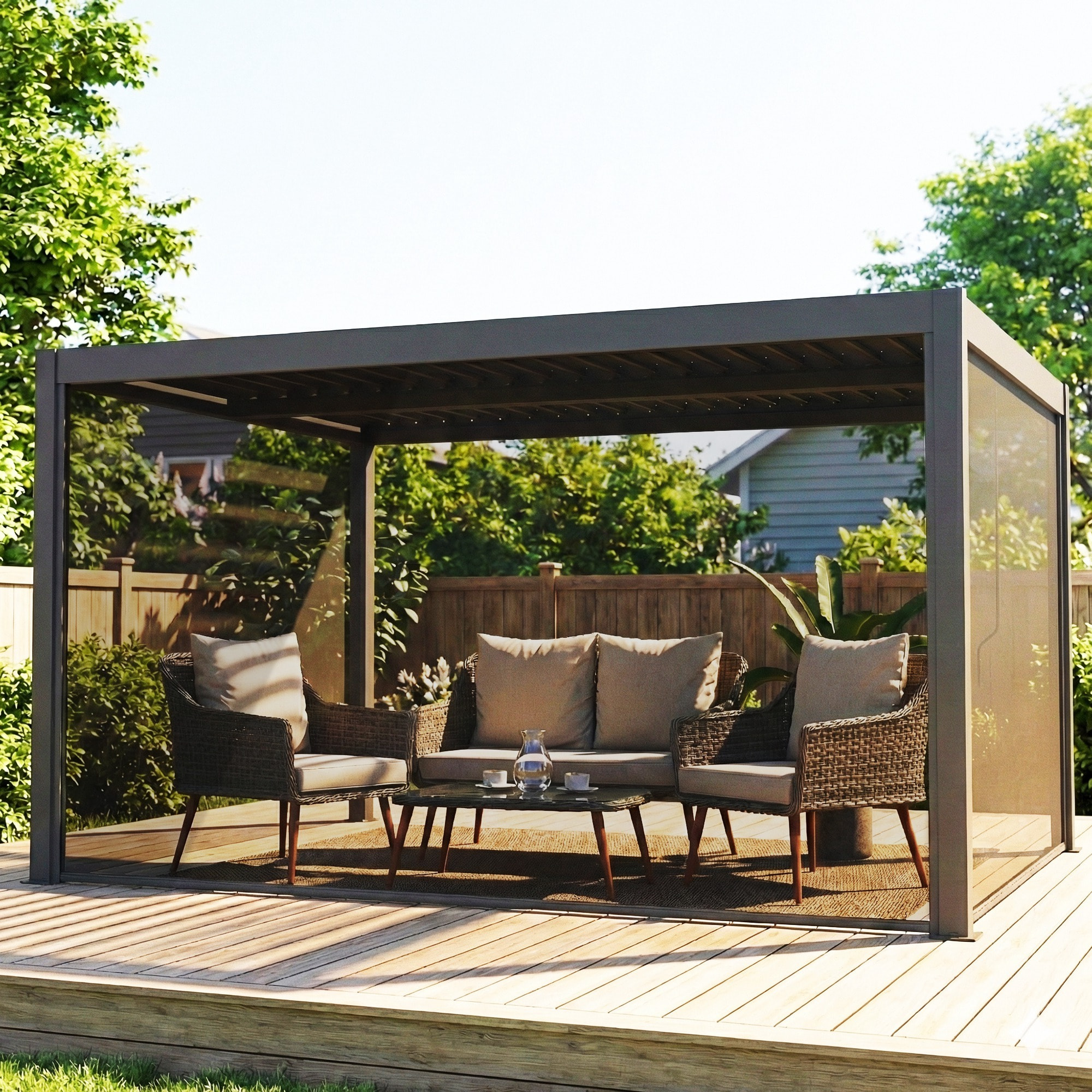 Pergola bioclimatique lames orientables stores latéraux aluminium gris