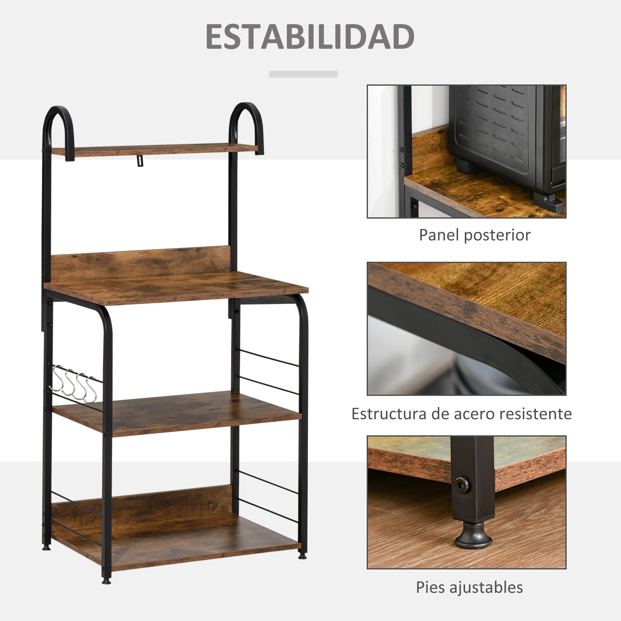 Estantería de Cocina de 4 Niveles Estante de Cocina con Ganchos Estantería para Microondas 60x40x125 cm Marrón Rústico y Negro