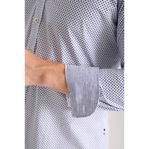camicia uomo 1 bottone button down slim Popeline Stretch Stampato Bianco e Blu