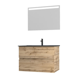Meuble salle de bain 80x54 - Finition chene naturel + vasque noire + miroir Led - TIMBER 80 - Pack12