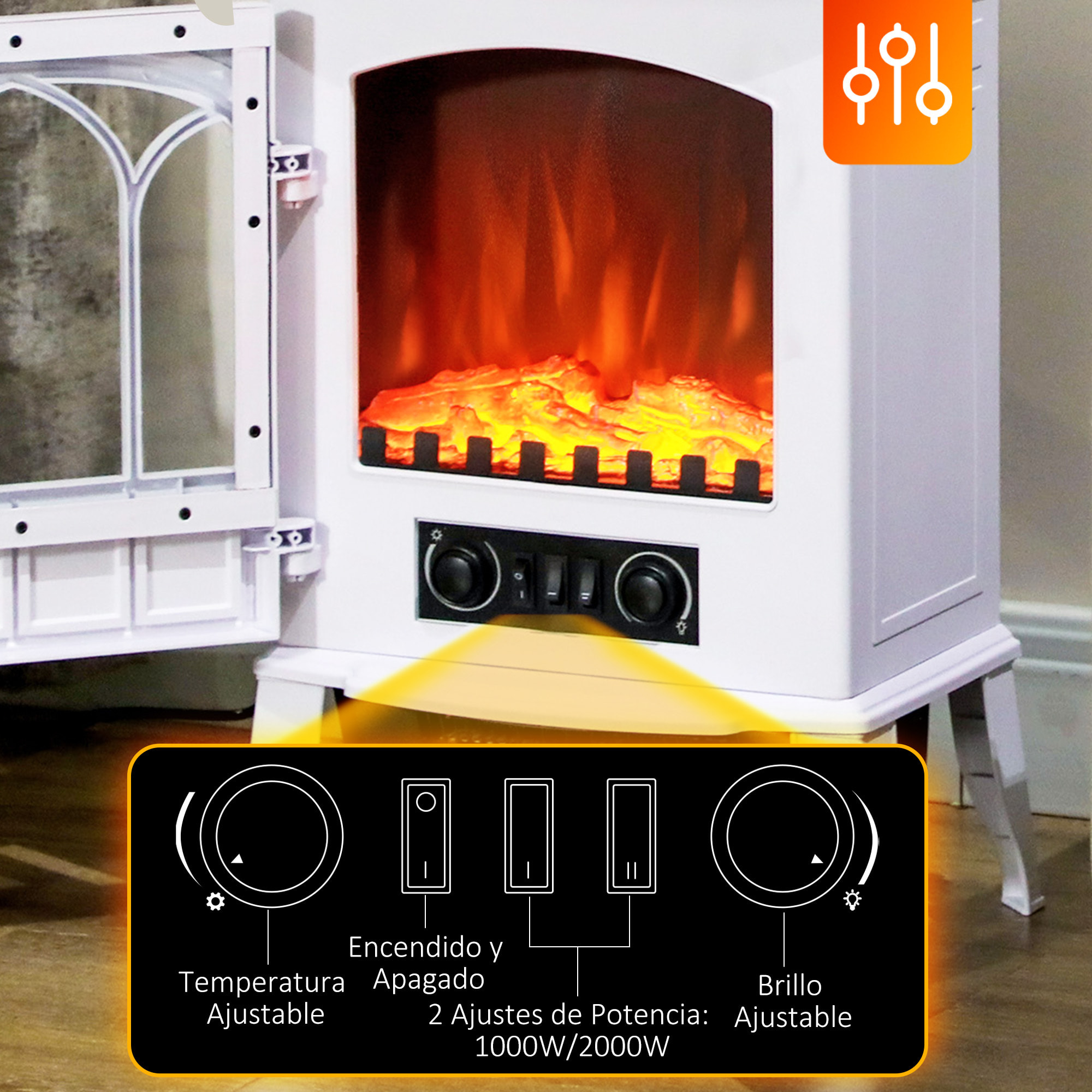 Chimenea Eléctrica 1000W/2000W Chimenea Decorativa con Ventana Efecto de Llama Temperatura Ajustable y Protección Sobrecalentamiento para 15-30 Ã£Å½Â¡ 39x23x56,5 cm Blanco