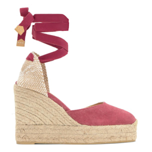 Alpargata de cuña 8 cm en lona de algodón con cintas al tobillo y talonera trenzada