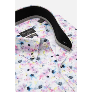 camicia uomo 1 bottone button down slim Popeline Stretch Stampato Bianco Rosa Cipria