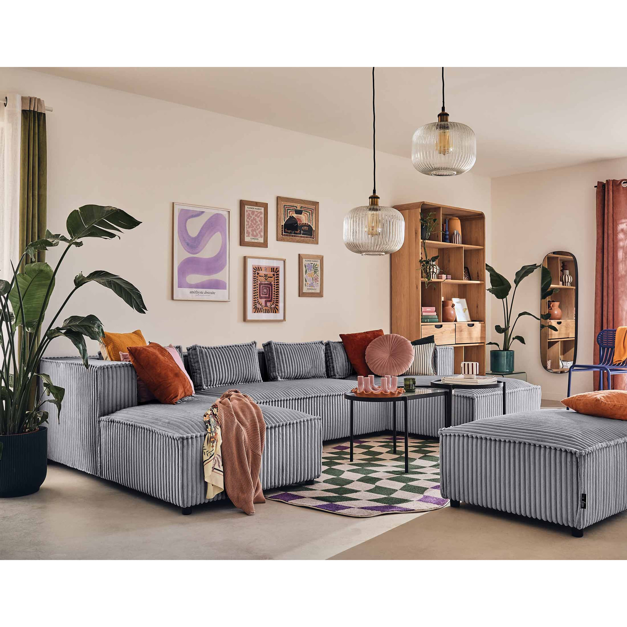 Stella - canapé panoramique en U - 7 places - en velours côtelé grosses côtes - Gris