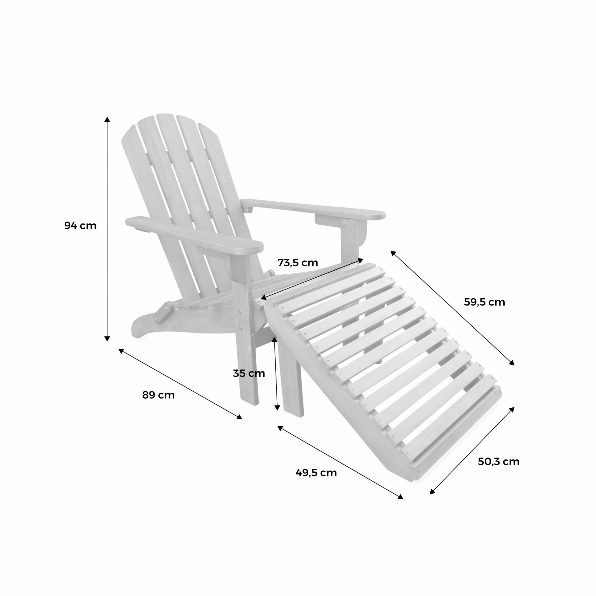 Fauteuil de jardin en bois avec repose-pieds/table basse - Adirondack Salamanca - Eucalyptus. chaise de terrasse retro