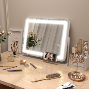 Espejo de Maquillaje con Luz Espejo de Tocador Giratorio 58x46 cm con 3 Modos de Iluminación Ajustables Interruptor Táctil Espejo de Aumento Soporte para Teléfono y Puerto USB Blanco