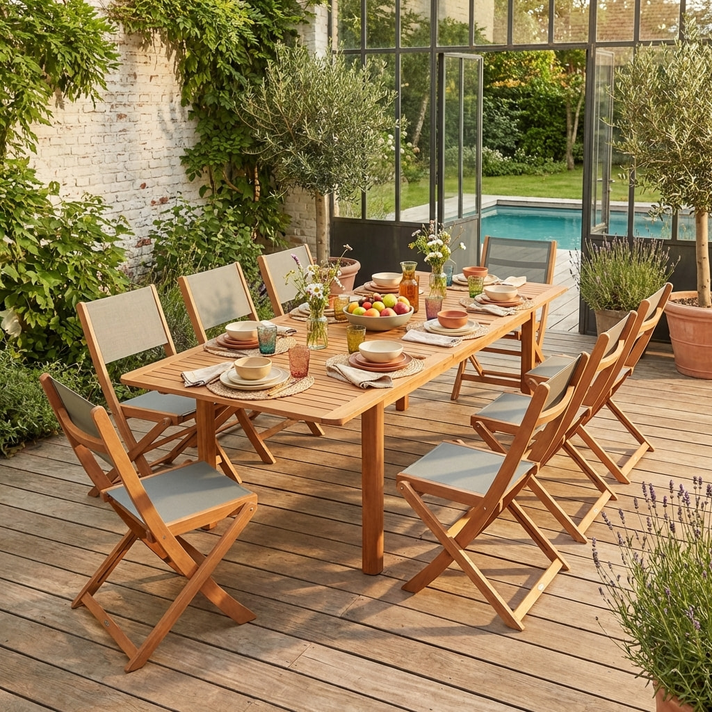 Table de jardin extensible bois d'eucalyptus + 8 assises ARBO + ALMERIA