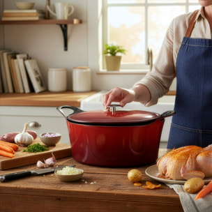 Volcan - Cocotte ovale en fonte de fer émaillée rouge avec couvercle