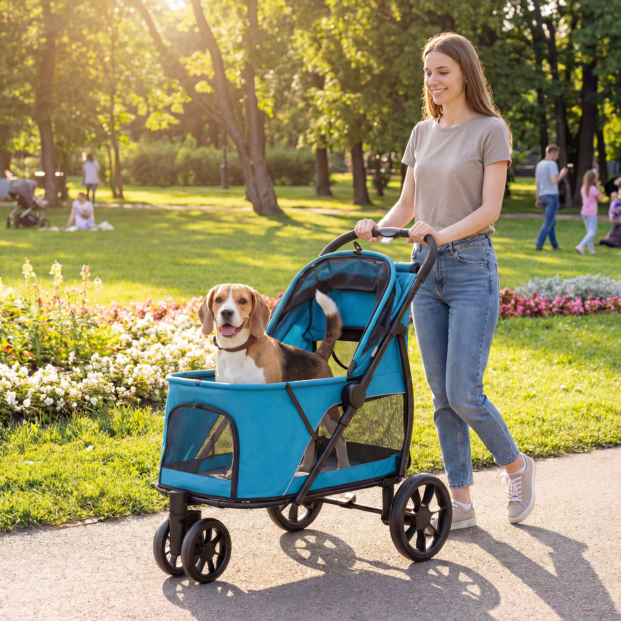 Carrito para Perros Plegable, Cochecito para Perros Medianos con 3 Ruedas, Ventanas de Malla, Cojín Lavable, Bolsilo, Correas de Seguridad, Frenos, Todo Terreno, Carga 20 kg, 92x63x95 cm, Azul