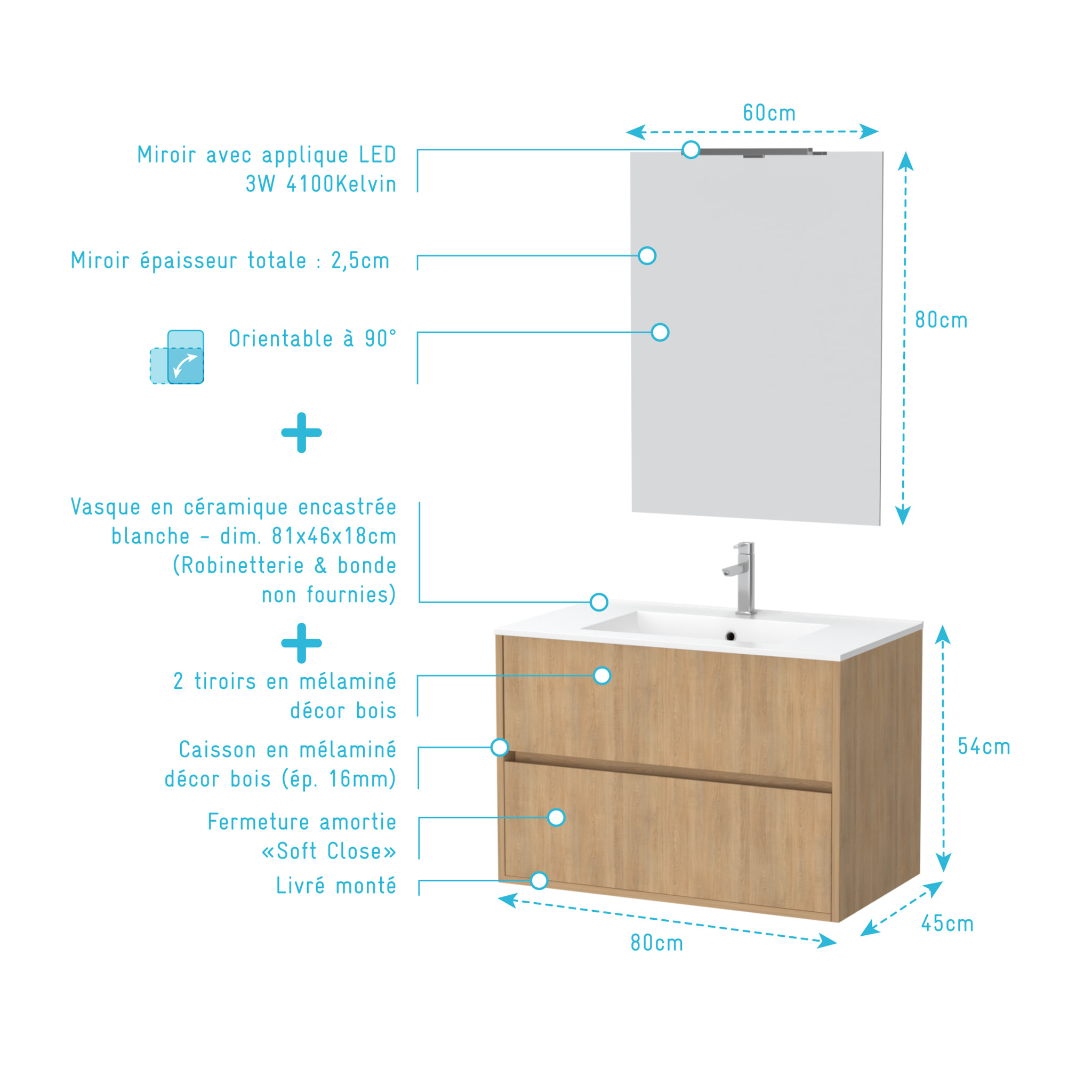 Pack Meuble Salle de Bains 80cm Chêne Clair 2 Tiroirs, Vasque, Miroir 60x80 et réglette Led - XENOS