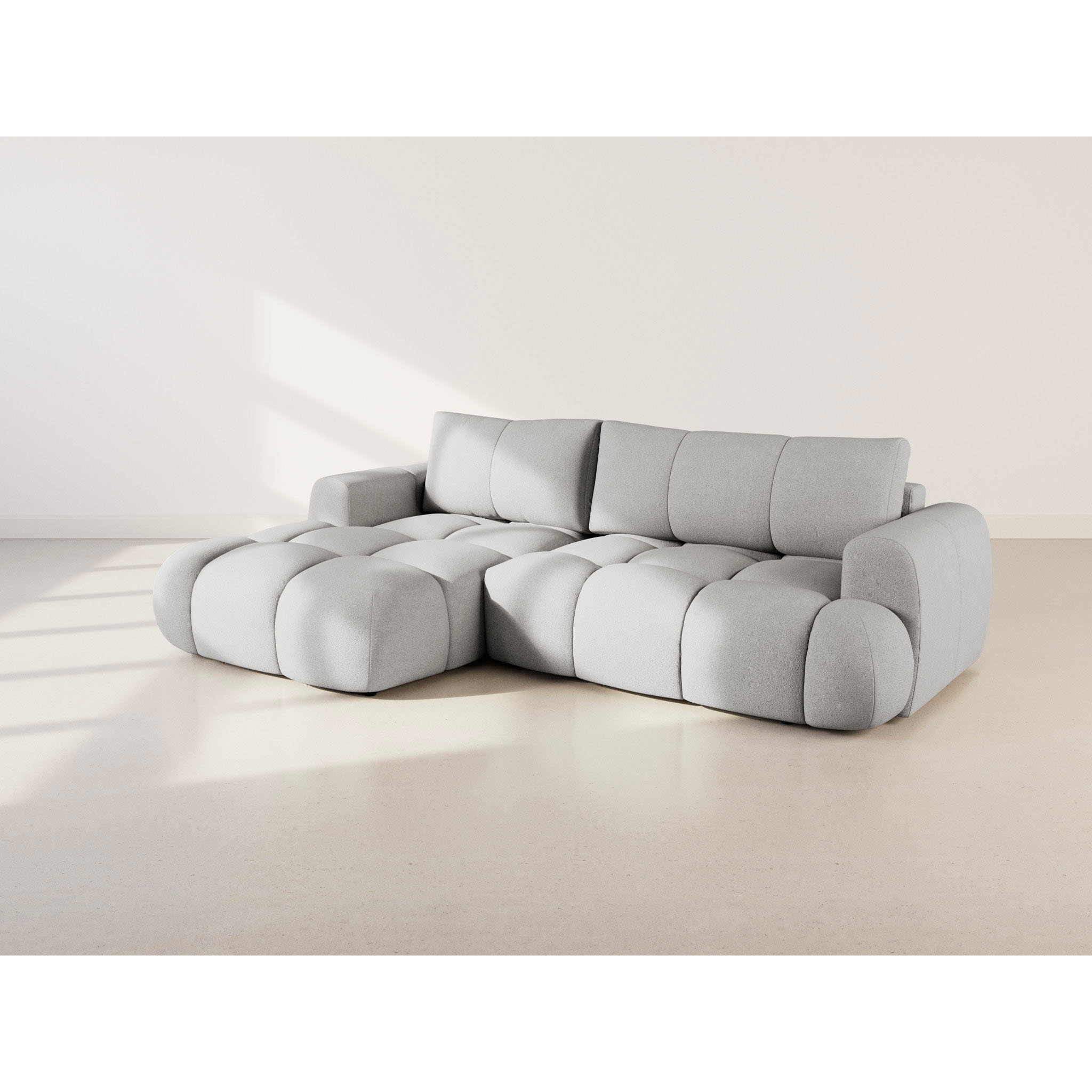 Yulin - Canapé d'angle gauche 4 places convertible avec coffre en tissu bouclette - Gris clair