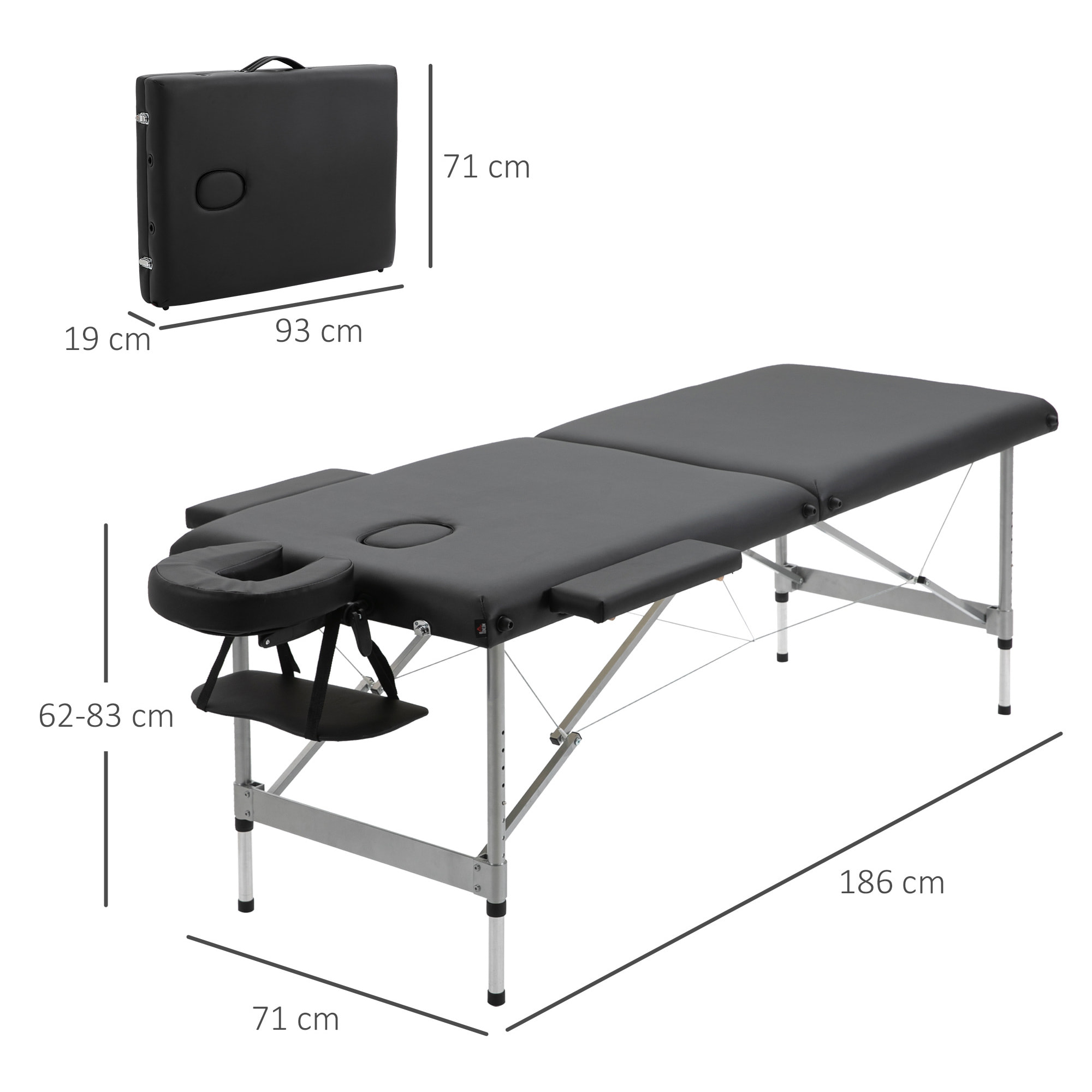 HOMCOM Camilla de Masaje Plegable Mesa de Masaje Portátil con Altura Ajustable en 7 Posiciones Reposacabezas y Marco de Aleación de Aluminio para Fisioterapia Carga 130 kg 186x71x62-83 cm Negro