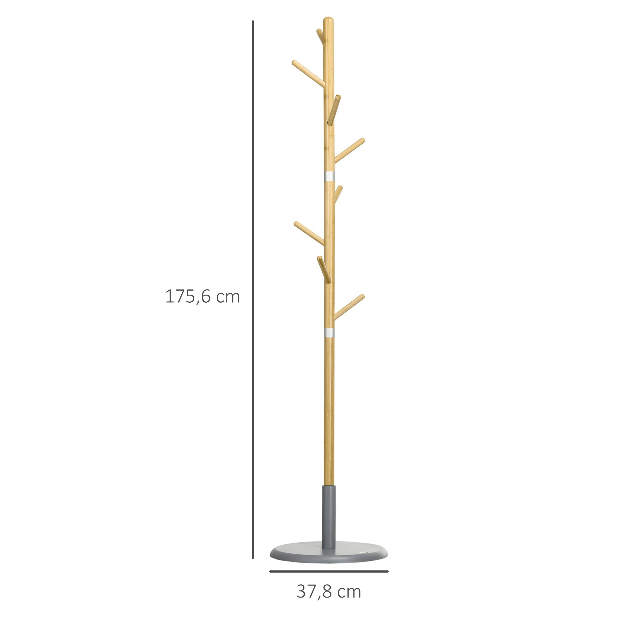 Perchero de Pie de Bambú Perchero de Entrada Recibidor con 8 Ganchos para Colgar Ropas Bolsas Perchero en Forma de Árbol Ø37,8x175,6 cm Natural y Gris