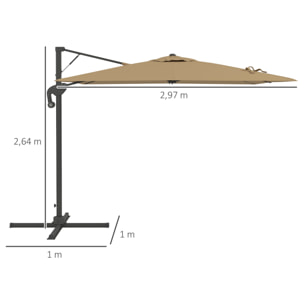 Parasol déporté carré pivotant 360° manivelle dim. 2,97L x 2,97l x 2,64H m alu. polyester kaki