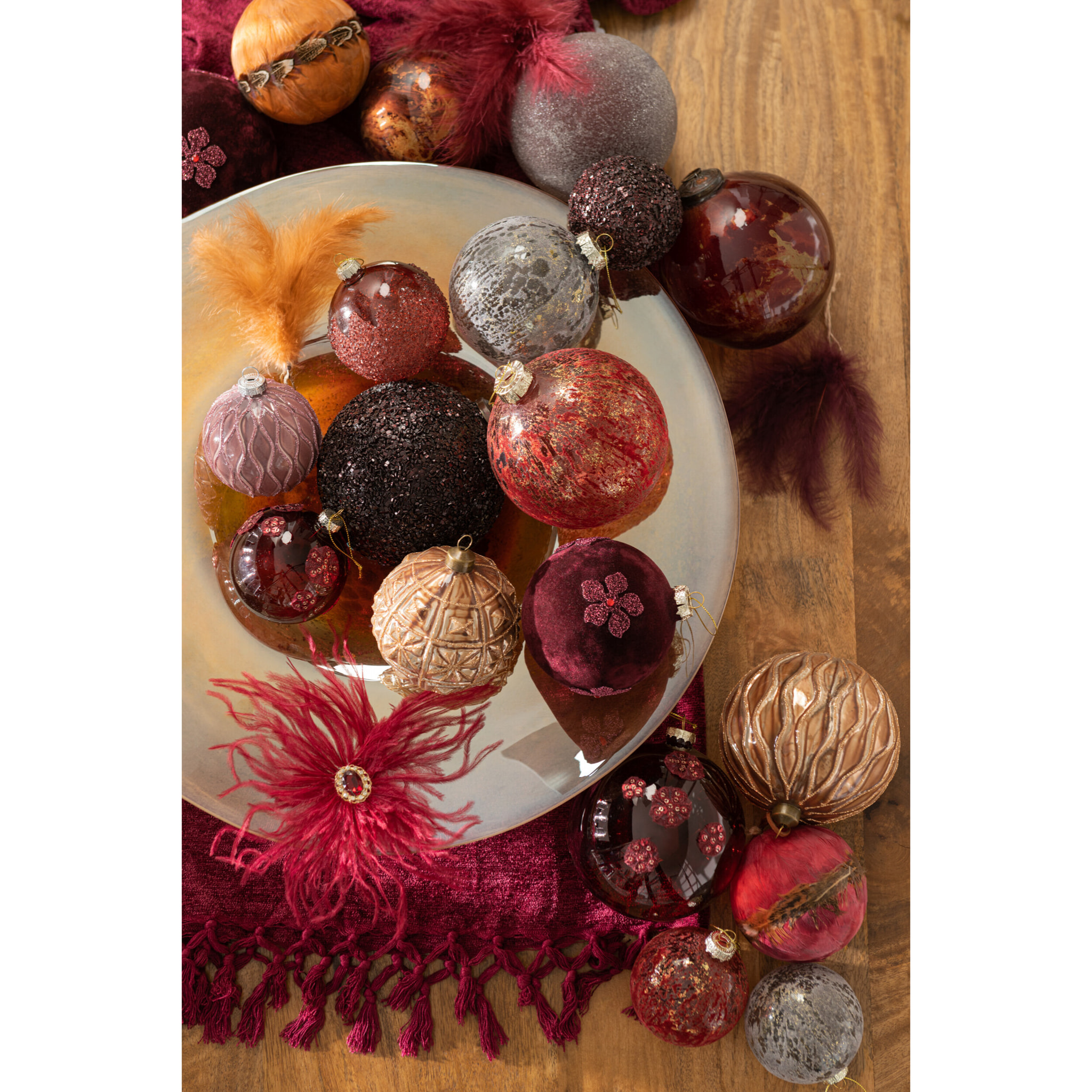 J-Line boule De Noël Givrées - verre - bordeaux mat - small - boîte de 6