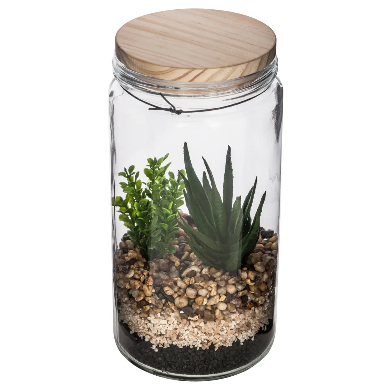 Terrarium avec plante artificielle - pot en verre et couvercle en bois - H22 cm