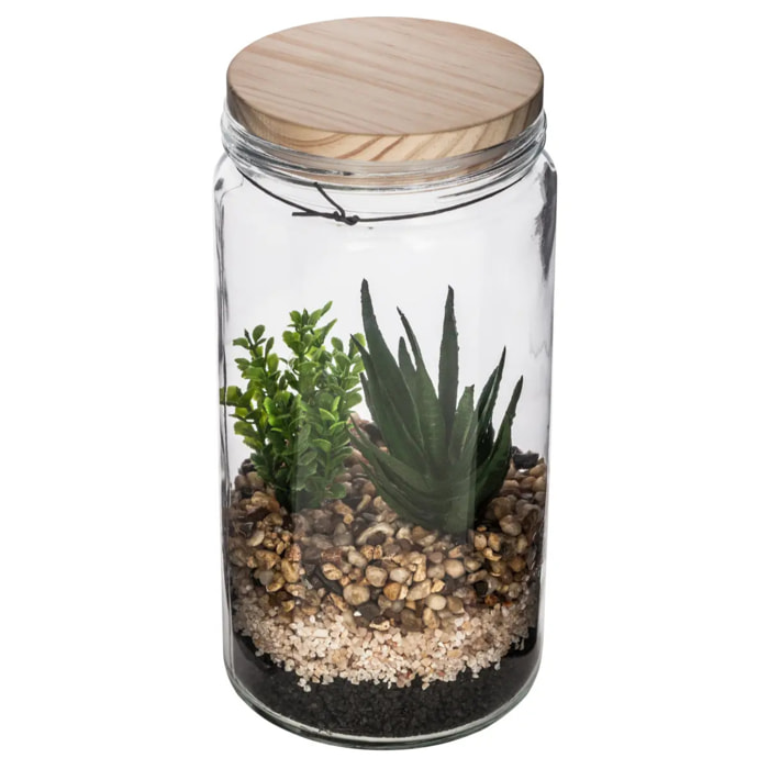 Terrarium avec plante artificielle - pot en verre et couvercle en bois - H22 cm