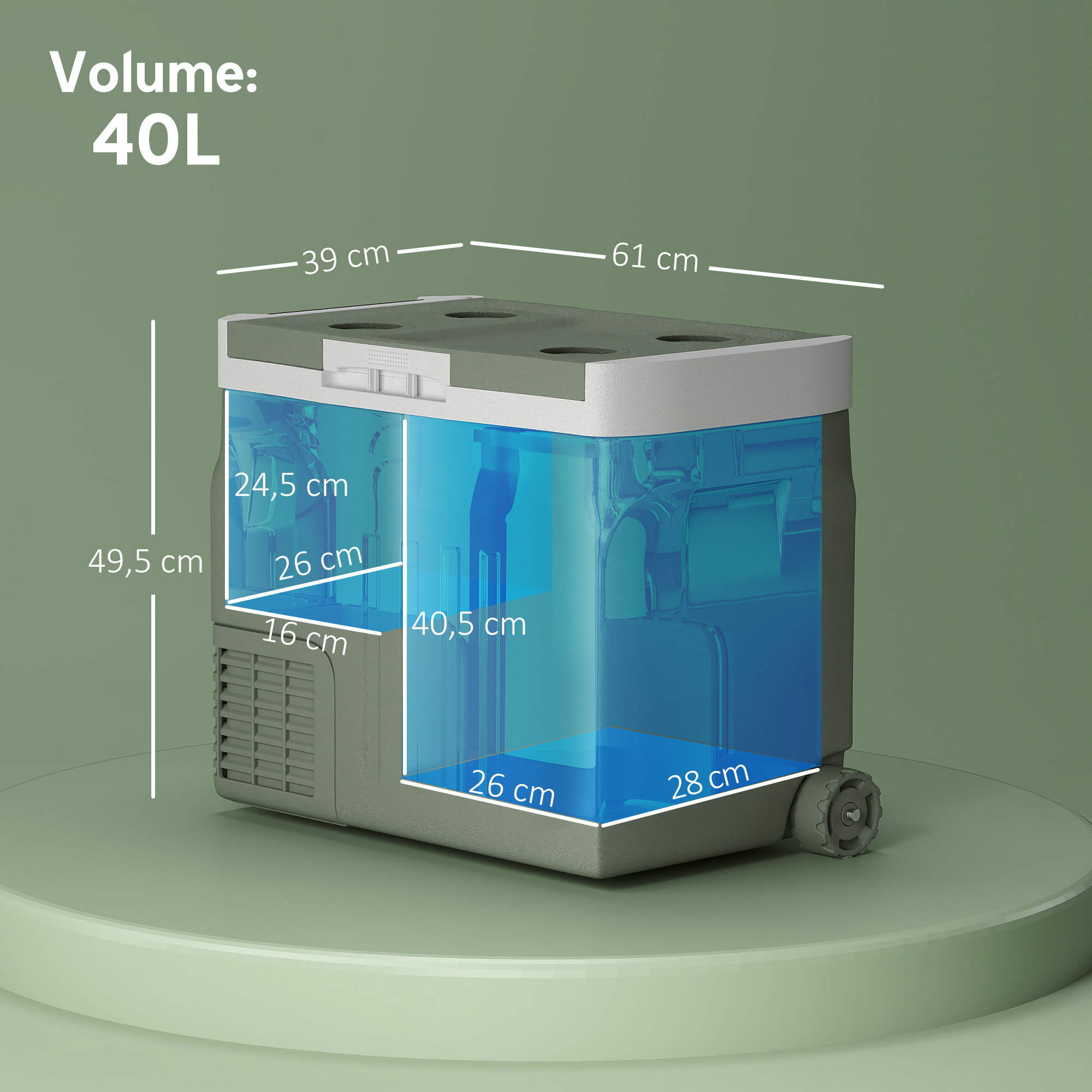 Glacière électrique portable 40L modes ECO/MAX -20°C-20°C poignée télescopique alimentation AC/DC vert